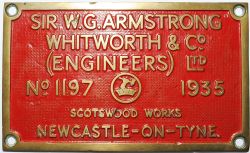 Worksplate `Sir W.G. Armstrong Whitworth & Co (Engineers) Ltd No 1197 1935 Scotswood Works,