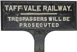 Taff Vale Railway cast iron Trespass Notice, double sided with integral post mounting fixing sleeve.