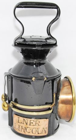 GER Sliding Knob Handlamp with original GER reservoir plated `LNER LINCOLN`. Complete and tastefully