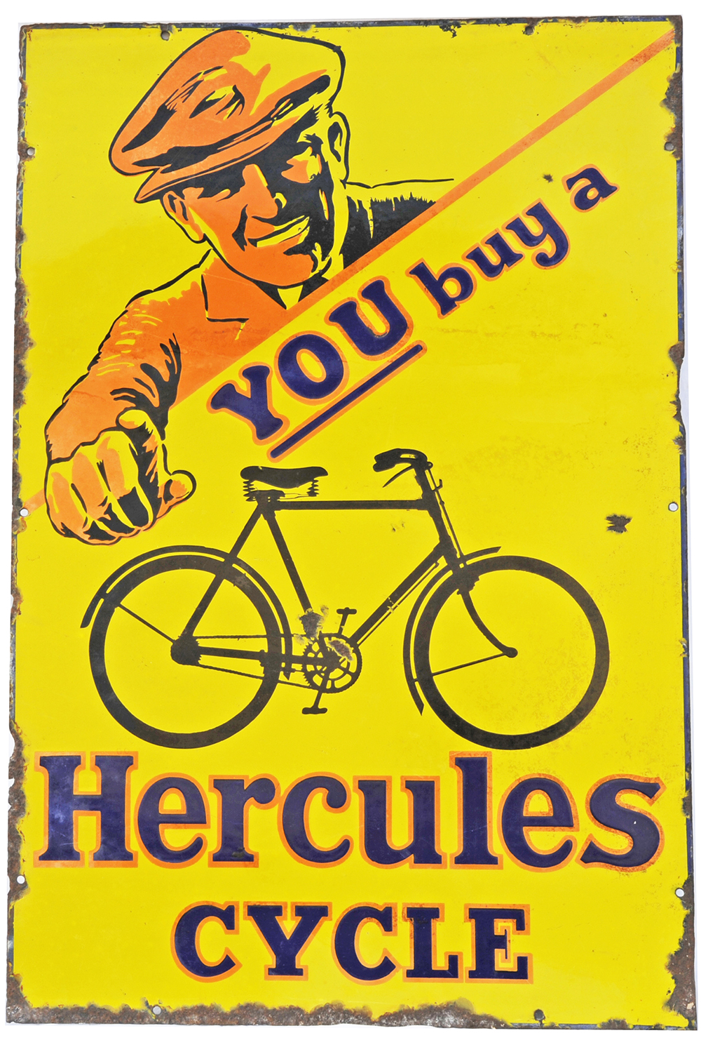 Enamel Advertising Sign `You Buy A Hercules Cycle`, pictorial measuring 30" x 20".