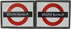 London Transport enamel Target signs, a pair, SOUTH RUISLIP measuring 18¾" x 16¾" in original bronze
