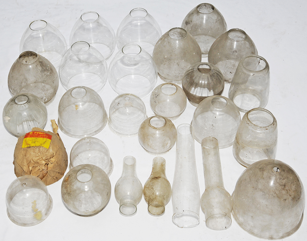 Glass globes qty 27 including Pyrex Sugg Mexican Hat Glass Globes, qty 9 for the small Platform