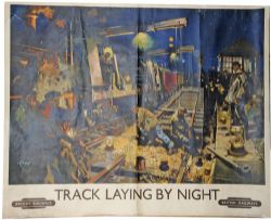 Poster `Track Laying By Night` by Terence Cuneo, Q/R size. Nightime view of busy permanent way