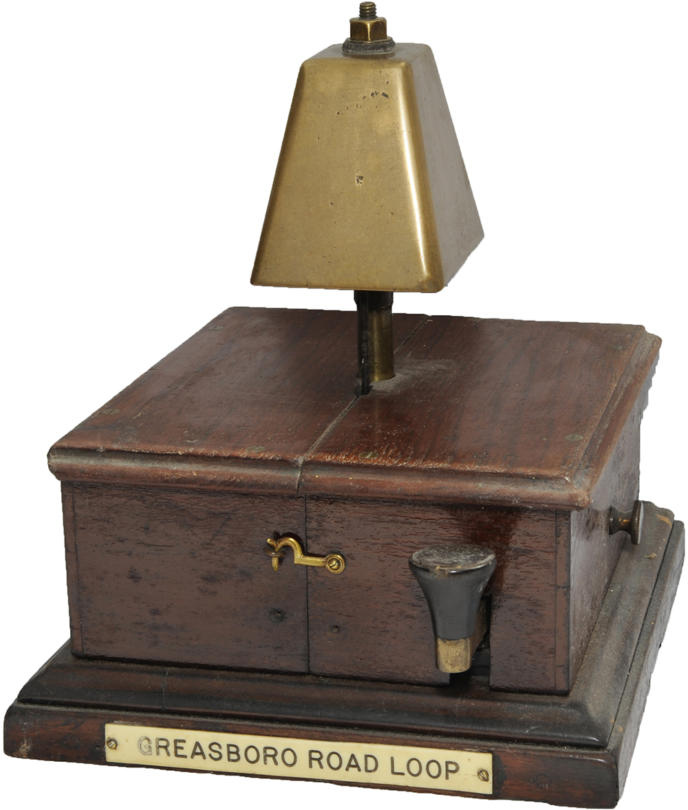 GCR mahogany cased Block Bell with offset Tapper. Split case with opening hook at front, the `