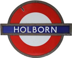 LT Station Target in shaped bronze frame HOLBORN. Three separate enamel sections, the name and two
