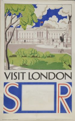 Poster, Southern Railway `Visit London by FB, D/R size. Depicts a front view of Buckingham Palace at