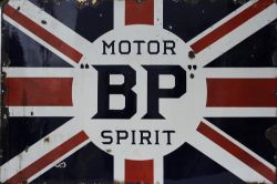 Ename;l Advertising Signs, qty 2 comprising: Motor BP Spirit, 54" x 36", large union flag with