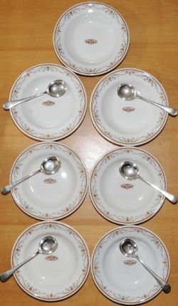 Pullman china Soup Plates by Ridgway, qty 7 with ornate lip pattern and elongated Pullman crest on