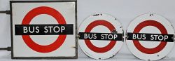 London Transport Bus Stop sign in original bronze frame measuring 18" x 16" with two circular