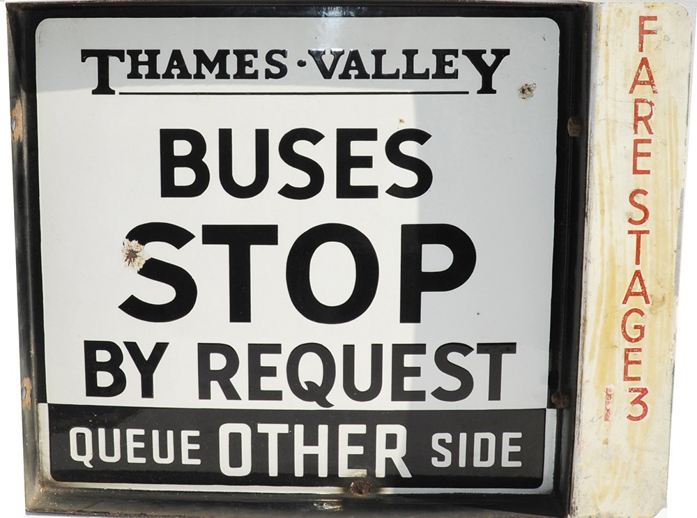 Enamel Bus Sign "Thames Valley Buses Stop By Request". Black on white double sided with deep flange.