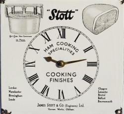 Advertising Clock `Stott Ham Cooking Specialists`. A delightful small enamel, 9"x 9½" in extremely