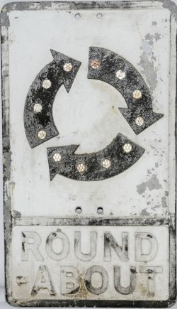 Cast aluminium Road Sign ROUNDABOUT, 21" x 12" complete with all original `fruit gum` reflective