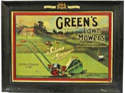 Tinplate Advertising Sign `Greens Lawn Mowers` with Royal Warrant at top of frame. Measures 24" x