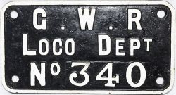 GWR cast iron rectangular Craneplate `G.W.R LOCO DEPT No 340, measuring 10¾" x 5¾", white on black