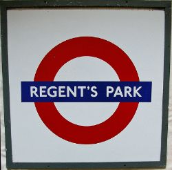 LT Station Target Roundel in square metal frame REGENT`S PARK. A single enamel piece measuring