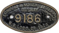 Worksplate LNER 9186 Built NBL 1920. Ex NBR Reid design N15 Class locomotive NBR number 20, later