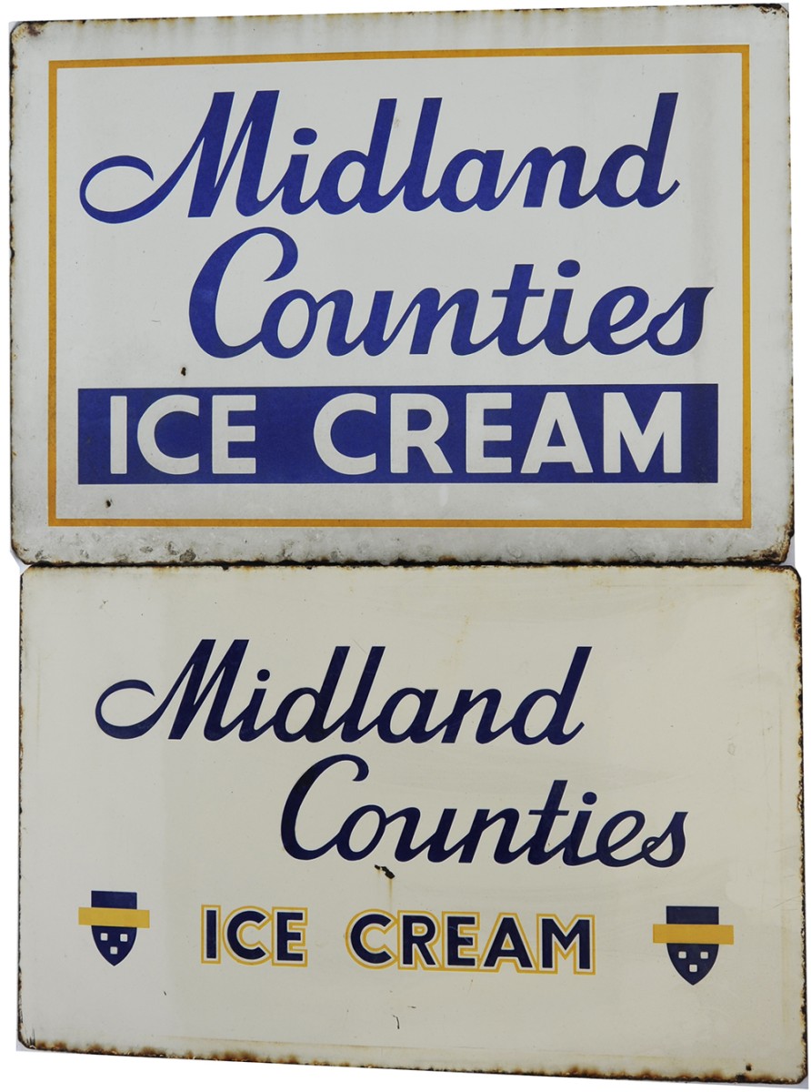Advertising enamels a pair `Midland Counties Ice Cream` both 24" x 15" and in good condition.