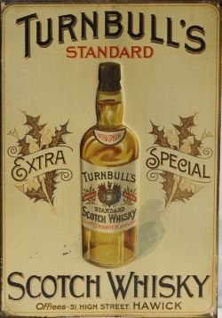 Tinplate Advertising Sign, lithograph `Turnbulls Standard Scotch Whisky`. Has a pressed out bottle