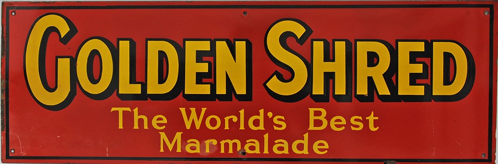 Enamel Advertising Sign `Golden Shred The Worlds Best Marmalade`, 30" x 9½". Excellent condition,