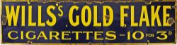 Enamel Advertising Sign `Wills Gold Flake Cigarettes 10 for 3d`, 36" x 8" in very good condition.