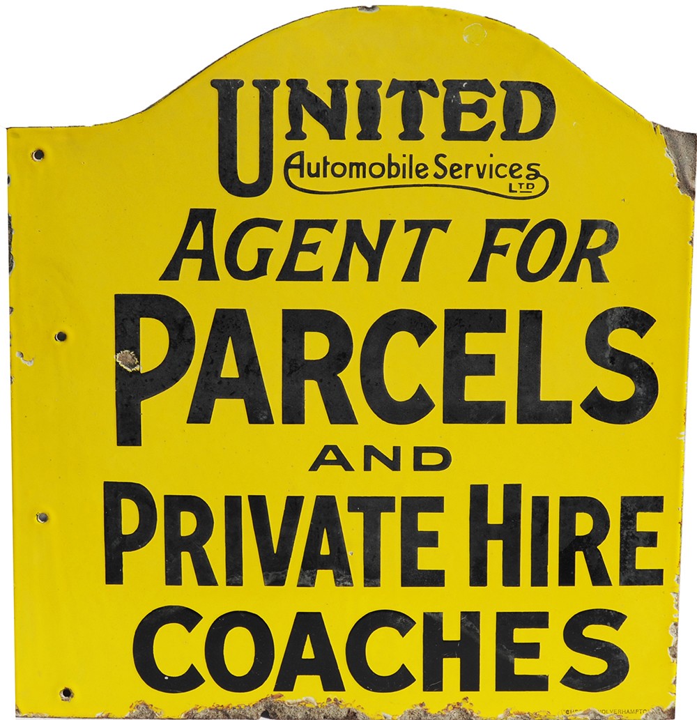 Enamel Advertising Sign ` United Automobile Services Agent For  Parcels and Private Hire`, black