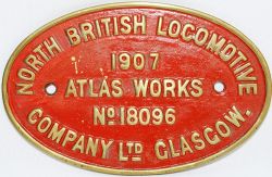 Worksplate North British Locomotive Company Ltd Glasgow No 18096 dated 1907 Atlas Works. Oval cast