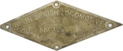 North British Locomotive Company Glasgow brass diamond Worksplate No 26954. Ex 3 ft 6 ins Gauge