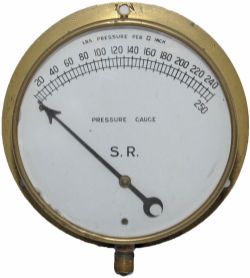 SR Locomotive Pressure Gauge with brass bezel and 7" diameter dial showing 0 - 250 psi.