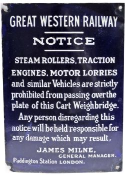 GWR Enamel Cart Weighbridge Notice `Steam Rollers & Traction Engines...etc.` James Milne. White