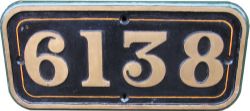 GWR cast iron Cabside Numberplate 6138. Ex 2-6-2T built Swindon Works November 1932. Allocations