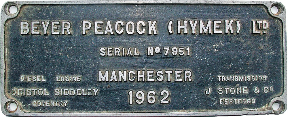 Worksplate Beyer Peacock (Hymek) Ltd No 7951 Manchester 1962. Ex Hymek locomotive number D7047,