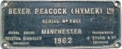 Worksplate Beyer Peacock (Hymek) Ltd No 7951 Manchester 1962. Ex Hymek locomotive number D7047,