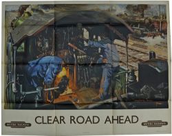 Poster BR `Clear Road Ahead` by Terence Cuneo, quad royal size 40" x 50". Image of footplate crew on