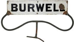 Great Eastern Railway enamel Lamp Tablet BURWELL with original `bow-tie` bracket. Black on white,