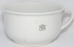 LNER Chamber Pot with makers name `Minton` beneath. Plain white with black, script initials. Fine