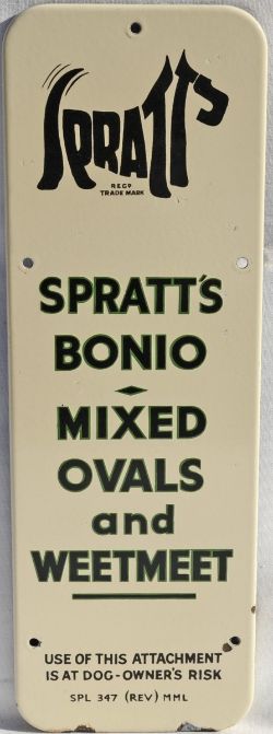 Enamel Advertising Sign "Spratts Bonio Mixed Ovals and Weetmeet - SPL 347". Vertical 18" x 6".