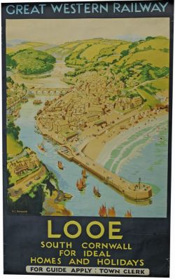 Poster GWR `Looe South Cornwall` by S G Rowles, double royal size 40" x 25". A bird`s eye view of