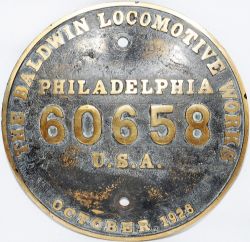 Worksplate The Baldwin Locomotive Works Philadelphia 60658 October 1928. Oval cast brass measuring