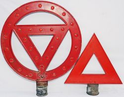 A pair of Road Sign `Tops`, one cast alloy the other pressed alloy. Both have the original red