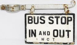 Cast aluminium Bus Stop  Signs `WCT In and Out` complete with original Steel mounting bracket. Ex