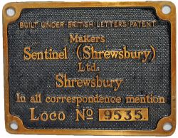 Worksplate Sentinel (Shrewsbury) Ltd Loco No 9535. Rectangular brass measuring 5¼" x 4". Ex Standard