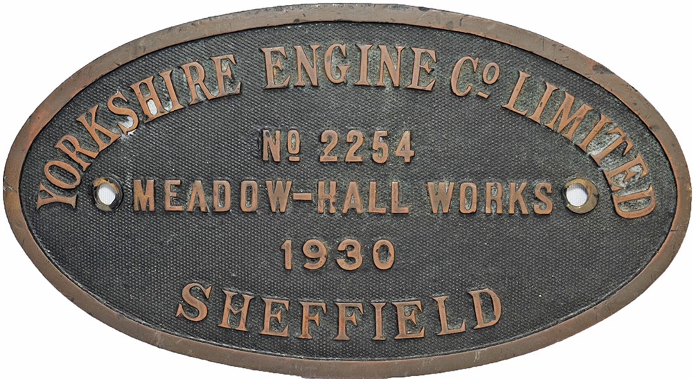 Worksplate Yorkshire Engine Co. 2254 Meadow Hall Works 1930. Ex GWR Collett design 57XX Pannier Tank
