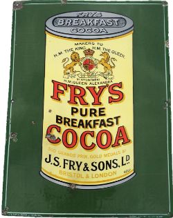 Enamel Advertising Sign `Fry`s Pure Breakfast Cocoa` depicting the large tin of cocoa in the