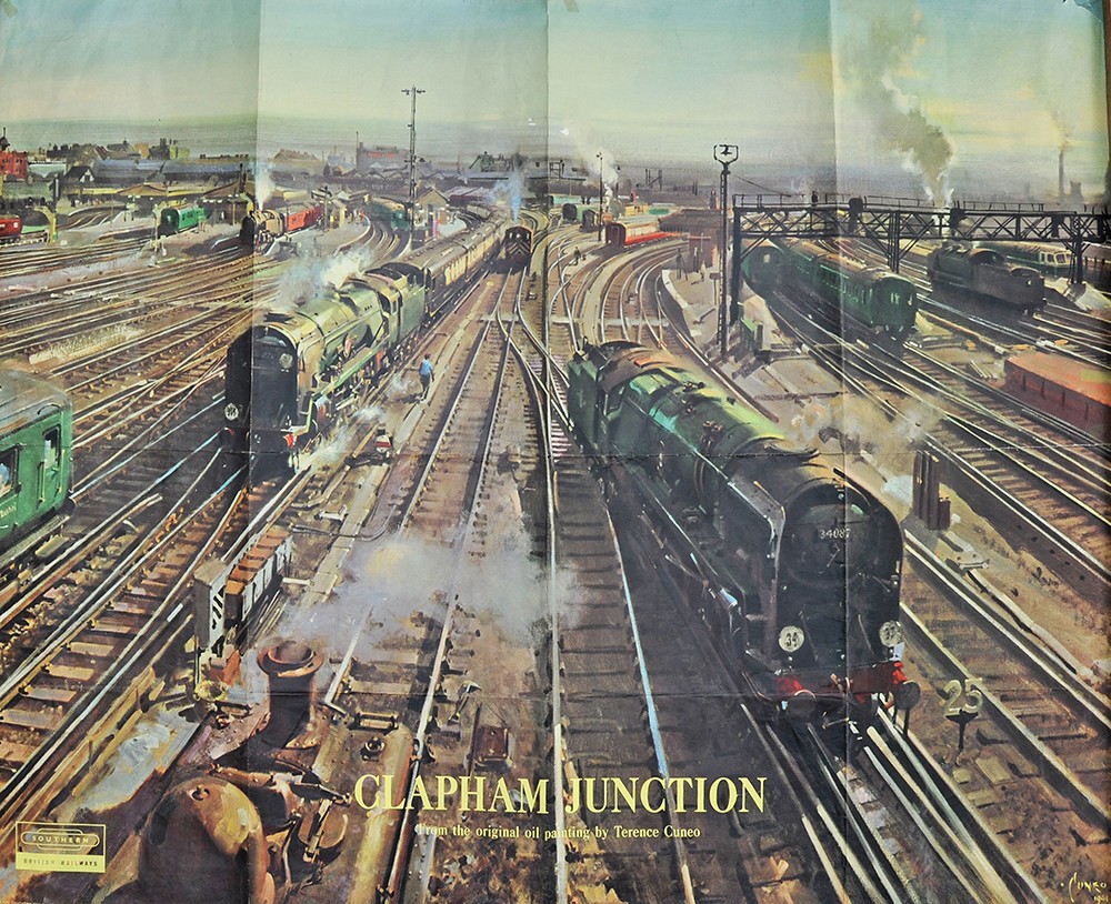 Poster BR `Clapham Junction` by Terrence Cuneo, quad royal size 40" x 50". Classic view from the Old