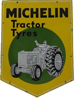 Enamel Advertising Sign `Michelin Tractor Tyres`.  Depicts the Michelin Man on a Tractor, black