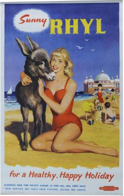 Poster BR `Sunny Rhyl`, anon, double royal size 40" x 25". Beach scene with bather and donkey,