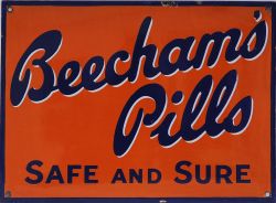 Enamel Advertising Sign `Beechams Pills Safe & Sound`, 15" x 11", virtually mint