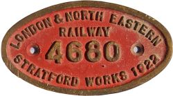 LNER 9 x 5 brass Works Numberplate 4680 Stratford Works 1922. Ex GER 0-6-0T  J20 Class Locomotive