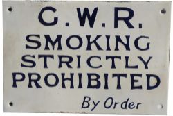 GWR enamel Sign `Smoking Strictly Prohibited`.  Blue lettering on white ground, 9" x 6". Some
