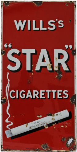 Enamel Advertising Sign `Wills Star Cigarettes`, 36" x 18" white with black shadow on red ground.